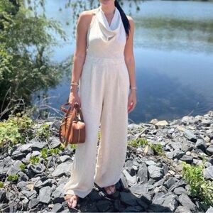 Linen Sleeveless Cowl-Neck Wide-Leg Jumpsuit in Cream